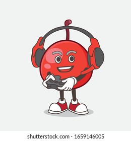 A picture of Red Berry cartoon mascot character play a game with headphone and controller