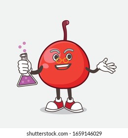 A picture of Red Berry cartoon mascot professor character with glass tube