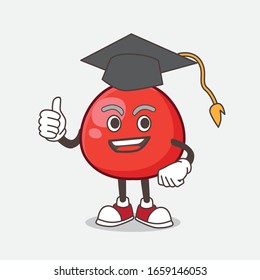A picture of Red Berry cartoon mascot character in a black Graduation hat