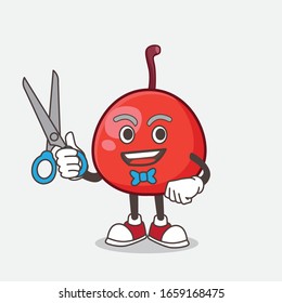A picture of Red Berry cartoon mascot character as smiling barber with scissors on hand