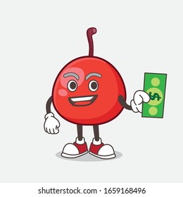 A picture of Red Berry cartoon mascot character giving dollar money