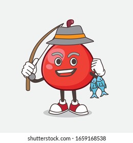 A picture of Red Berry cartoon mascot character fishing with 2 fishes