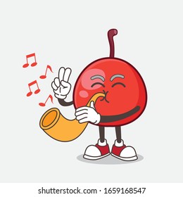 A picture of Red Berry cartoon mascot character playing music with trumpet