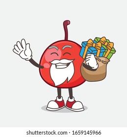 A picture of Red Berry cartoon santa mascot character having a sack of gifts