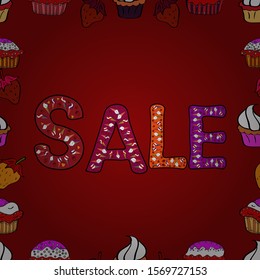 Picture in red, black and white colors. Vector illustration. Seamless. Sale promotion sign, Online shopping discount, Entrepreneur and e-business commerce, Dressmaker and fashion business.