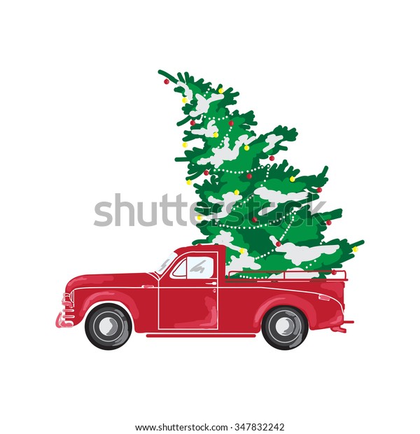 Bild Mit Rotem Auto Und Weihnachtsbaum Stock Vektorgrafik Lizenzfrei