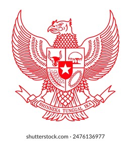 a picture of a red garuda symbol with the words "bhinneka tunggal ika" which means "unity in diversity"