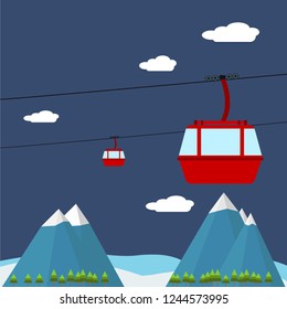 Picture of red ropeway cabins with forest and mountain on background, flat style illustration