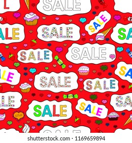 Picture in red, white and black colors. Seamless. Red, white and black Sale Abstract Background. Lettering. Vector.