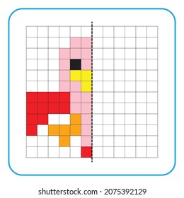 Imagen de juego educativo de reflexión para niños. Aprender a completar hojas de trabajo simétricas para actividades preescolares. Colorear las páginas de la cuadrícula, la percepción visual y el arte de píxeles. Terminar el pájaro volador.