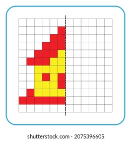 Picture reflection educational game for children. Learn to complete symmetrical worksheets for preschool activities. Coloring grid pages, visual perception and pixel art. Finish the 
house images.