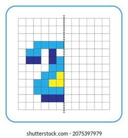 Picture reflection educational game for children. Learn to complete symmetrical worksheets for preschool activities. Coloring grid pages, visual perception and pixel art. Finish the old landline phone