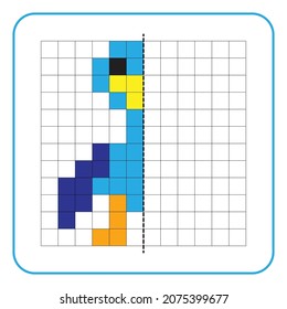 Picture reflection educational game for children. Learn to complete symmetrical worksheets for preschool activities. Coloring grid pages, visual perception and pixel art. Finish the duck images.