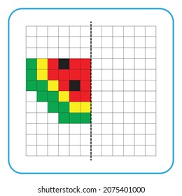 Picture reflection educational game for children. Learn to complete symmetrical worksheets for preschool activities. Coloring grid pages, visual perception and pixel art. Finish the 
watermelon slice.