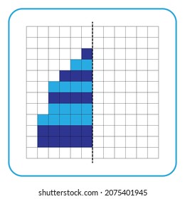 Picture reflection educational game for children. Learn to complete symmetrical worksheets for preschool activities. Coloring grid pages, visual perception and pixel art. Finish the 
beanie images.