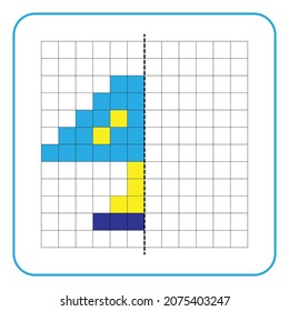 Picture reflection educational game for children. Learn to complete symmetrical worksheets for preschool activities. Coloring grid pages, visual perception and pixel art. Finish the bedroom table lamp