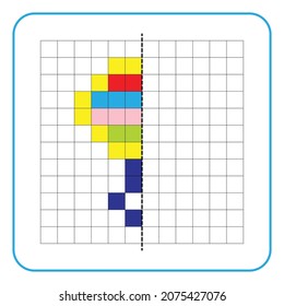 Imagen de juego educativo de reflexión para niños. Aprender a completar hojas de trabajo simétricas para actividades preescolares. Colorear las páginas de la cuadrícula, la percepción visual y el arte de los píxeles. Terminar el bastón de bicho