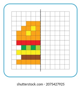 Imagen de juego educativo de reflexión para niños. Aprender a completar hojas de trabajo simétricas para actividades preescolares. Colorear las páginas de la cuadrícula, la percepción visual y el arte de píxeles. Terminar las hamburguesas.