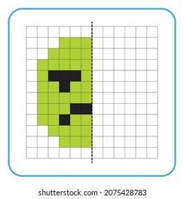 Imagen de juego educativo de reflexión para niños. Aprender a completar hojas de trabajo simétricas para actividades preescolares. Colorear las páginas de la cuadrícula, la percepción visual y el arte de píxeles. Termine la cara decepcionada.