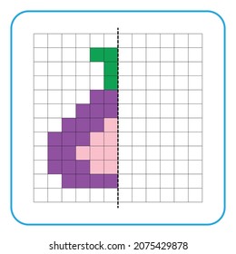 Picture reflection educational game for children. Learn to complete symmetrical worksheets for preschool activities. Coloring grid pages, visual perception and pixel art. Finish the fig fruit image.