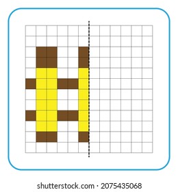 Picture reflection educational game for children. Learn to complete symmetrical worksheets for preschool activities. Coloring grid pages, visual perception and pixel art. Finish the 
wooden fence.