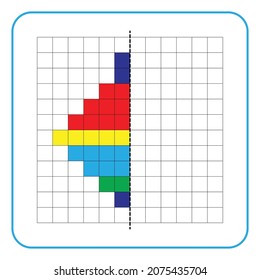 Bildungs-Spiel für Kinder. Lernen Sie symmetrische Arbeitsblätter für Vorschulaktivitäten zu erstellen. Farbige Rasterseiten, visuelle Wahrnehmung und Pixelkunst.