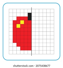 Imagen de juego educativo de reflexión para niños. Aprender a completar hojas de trabajo simétricas para actividades preescolares. Colorear las páginas de la cuadrícula, la percepción visual y el arte de píxeles. Terminar la imagen de la fruta de manzana.