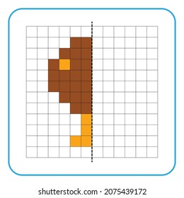 Picture reflection educational game for children. Learn to complete symmetrical worksheets for preschool activities. Coloring grid pages, visual perception and pixel art. Finish the chicken thighs.