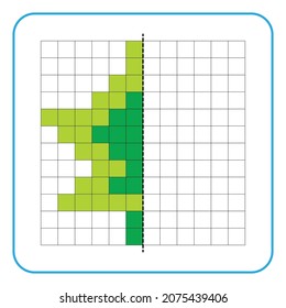 Bildungs-Spiel für Kinder. Lernen Sie symmetrische Arbeitsblätter für Vorschulaktivitäten zu erstellen. Farbige Rasterseiten, visuelle Wahrnehmung und Pixelkunst.
