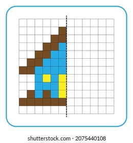 Picture reflection educational game for children. Learn to complete symmetrical worksheets for preschool activities. Coloring grid pages, visual perception and pixel art. Finish the house image.