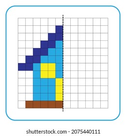 Picture reflection educational game for children. Learn to complete symmetrical worksheets for preschool activities. Coloring grid pages, visual perception and pixel art. Finish the house image.