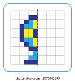 Imagen de juego educativo de reflexión para niños. Aprender a completar hojas de trabajo simétricas para actividades preescolares. Colorear las páginas de la cuadrícula, la percepción visual y el arte de píxeles. Termine el ventilador eléctrico.