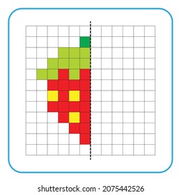 Picture reflection educational game for children. Learn to complete symmetrical worksheets for preschool activities. Coloring grid pages, visual perception and pixel art. Finish the strawberry fruit.