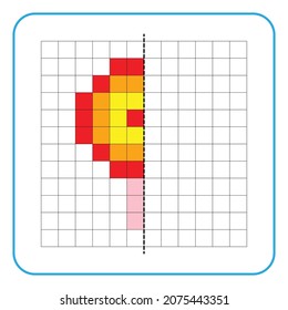 Picture reflection educational game for children. Learn to complete symmetrical worksheets for preschool activities. Coloring grid pages, visual perception and pixel art. Finish the colorful candy.