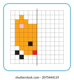 Picture reflection educational game for children. Learn to complete symmetrical worksheets for preschool activities. Coloring grid pages, visual perception and pixel art. Finish the cat face.