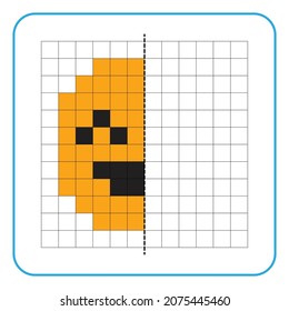 Picture reflection educational game for children. Learn to complete symmetrical worksheets for preschool activities. Coloring grid pages, visual perception and pixel art. Finish the happy emoticon.
