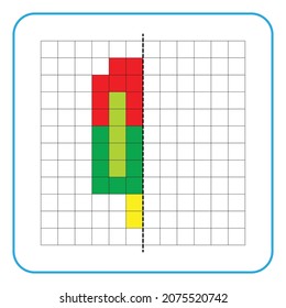 Picture reflection educational game for children. Learn to complete symmetrical worksheets for preschool activities. Coloring grid pages, visual perception and pixel art. Finish the ice cream image.