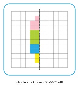 Picture reflection educational game for children. Learn to complete symmetrical worksheets for preschool activities. Coloring grid pages, visual perception and pixel art. Finish the ice cream image.