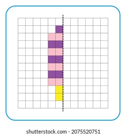 Picture reflection educational game for children. Learn to complete symmetrical worksheets for preschool activities. Coloring grid pages, visual perception and pixel art. Finish the ice cream image.