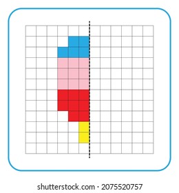 Picture reflection educational game for children. Learn to complete symmetrical worksheets for preschool activities. Coloring grid pages, visual perception and pixel art. Finish the ice cream image.