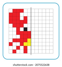 Picture reflection educational game for children. Learn to complete symmetrical worksheets for preschool activities. Coloring grid pages, visual perception and pixel art. Finish the crab image.