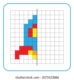 Picture reflection educational game for children. Learn to complete symmetrical worksheets for preschool activities. Coloring grid pages, visual perception and pixel art. Finish the space rocket.