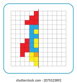 Imagen de juego educativo de reflexión para niños. Aprender a completar hojas de trabajo simétricas para actividades preescolares. Colorear las páginas de la cuadrícula, la percepción visual y el arte de píxeles. Termine el cohete espacial.