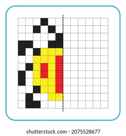Picture reflection educational game for children. Learn to complete symmetrical worksheets for preschool activities. Coloring grid pages, visual perception and pixel art. Finish the insect image.