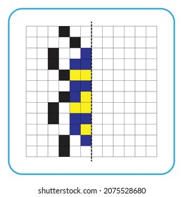 Picture reflection educational game for children. Learn to complete symmetrical worksheets for preschool activities. Coloring grid pages, visual perception and pixel art. Finish the insect image.