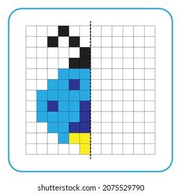 Picture reflection educational game for children. Learn to complete symmetrical worksheets for preschool activities. Coloring grid pages, visual perception and pixel art. Finish the 
firefly insect.