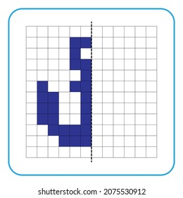 Imagen de juego educativo de reflexión para niños. Aprender a completar hojas de trabajo simétricas para actividades preescolares. Colorear las páginas de la cuadrícula, la percepción visual y el arte de píxeles. 
anclaje de barco.