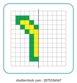 Imagen de juego educativo de reflexión para niños. Aprender a completar hojas de trabajo simétricas para actividades preescolares. Colorear las páginas de la cuadrícula, la percepción visual y el arte de píxeles. Termine la letra Y.