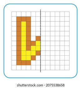 Picture reflection educational game for children. Learn to complete symmetrical worksheets for preschool activities. Coloring grid pages, visual perception and pixel art. Finish the letter W.