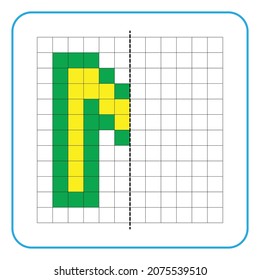 Picture reflection educational game for children. Learn to complete symmetrical worksheets for preschool activities. Coloring grid pages, visual perception and pixel art. Finish the letter M.